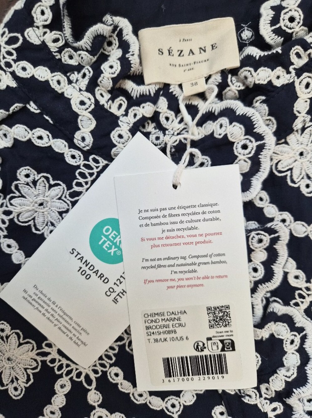 *NWT* [Sezane] Dahlia Shirt in Marine with Daisies, Size 38/6, Organic Cotton - Picture 8 of 13